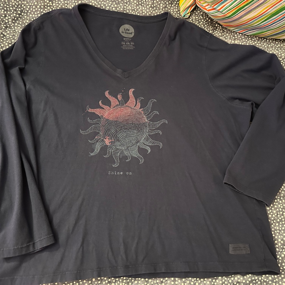 Life Is Good Navy V-Neck Long Sleeve Tee with Sun Graphic